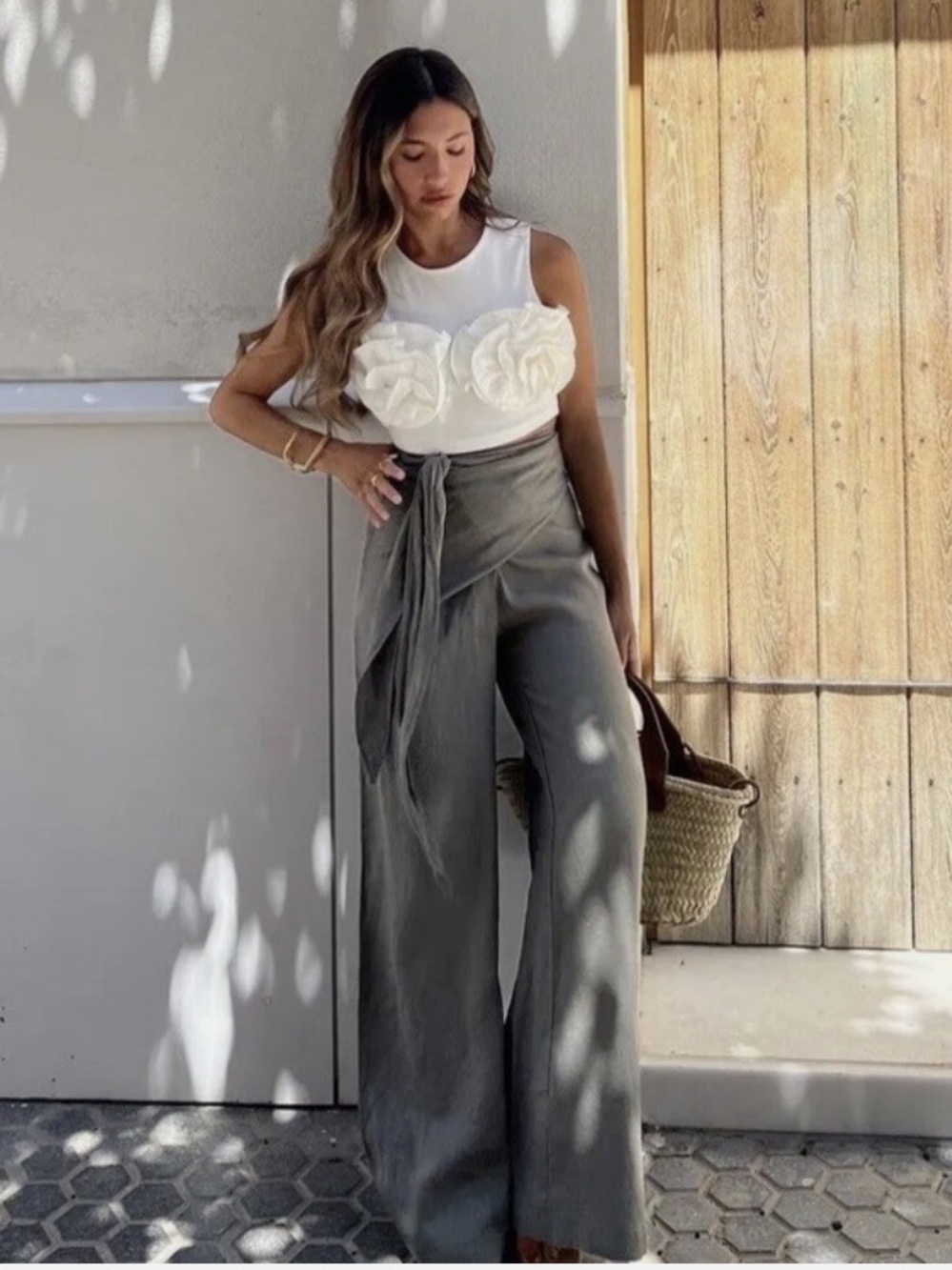 ZARA Pareo Linen Wide Leg Pants Slouchy Minimalist Resort Olive Green Size XL